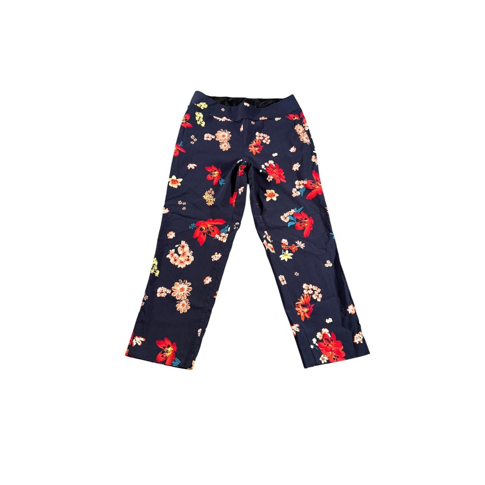Investments Women Navy Blue Red Floral Pull On Straight Leg Pants SZ 12 Stretch